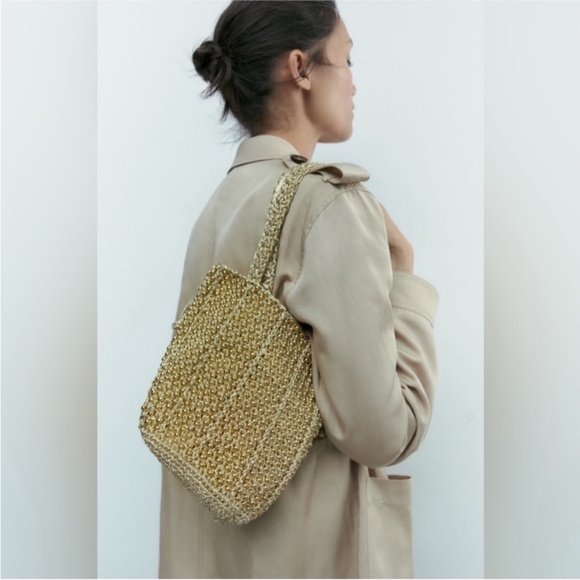 Zara Handbags - Zara Gold Beaded Bucket Bag